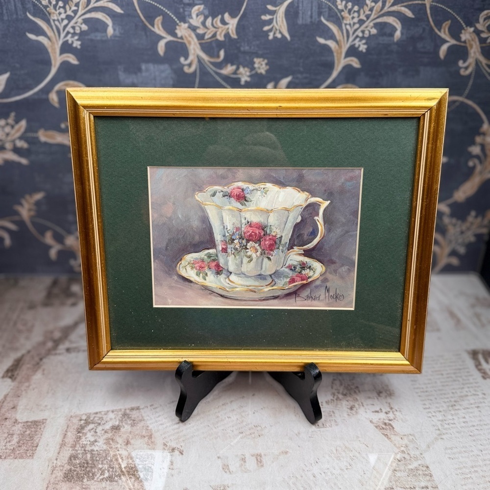 Barbara Mock Rose Teacup Framed Art Print Floral Still Life Gold Frame Vintage